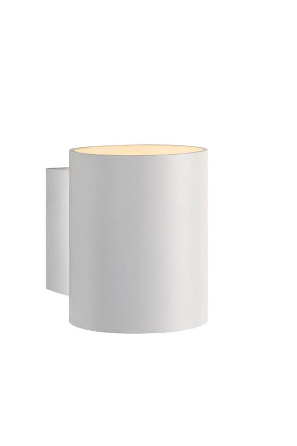 Vue de profil de l'applique murale cylindrique blanche avec sa platine de fixation.