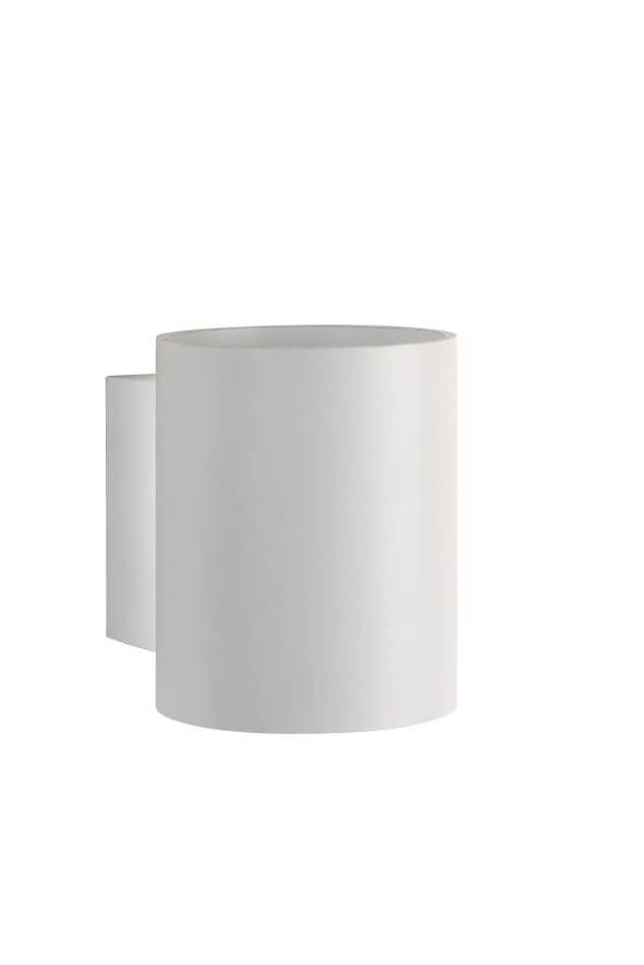 Autre angle de l'applique murale blanche, montrant le cylindre et le support arrière.