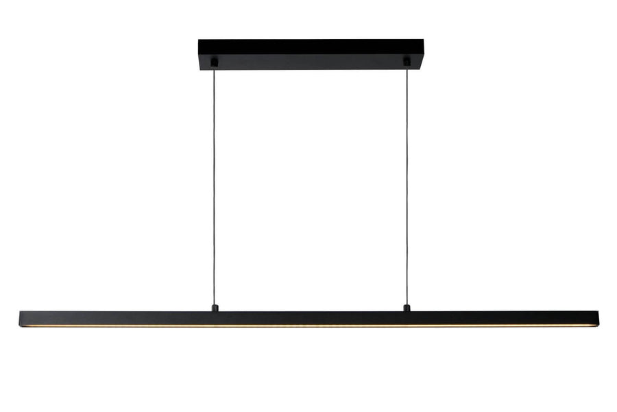 Vue de face de la suspension noire, câbles fins et diffuseur inférieur lumineux.