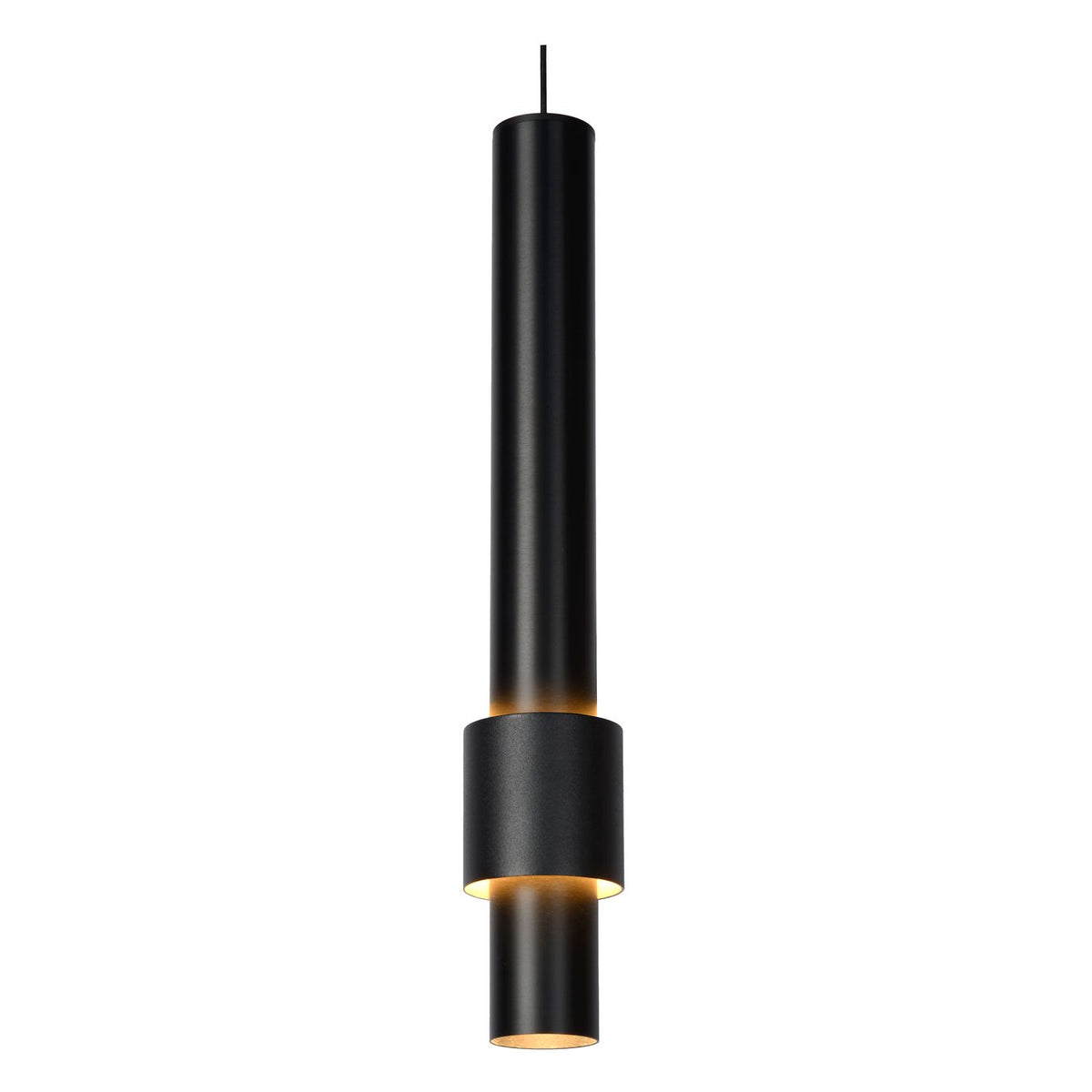 Détail d'un tube noir avec bague centrale et fente lumineuse dorée