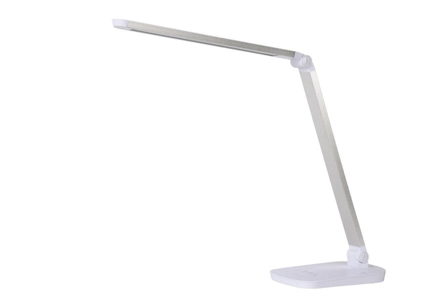 Second angle du luminaire blanc sur fond neutre, montrant le socle plat