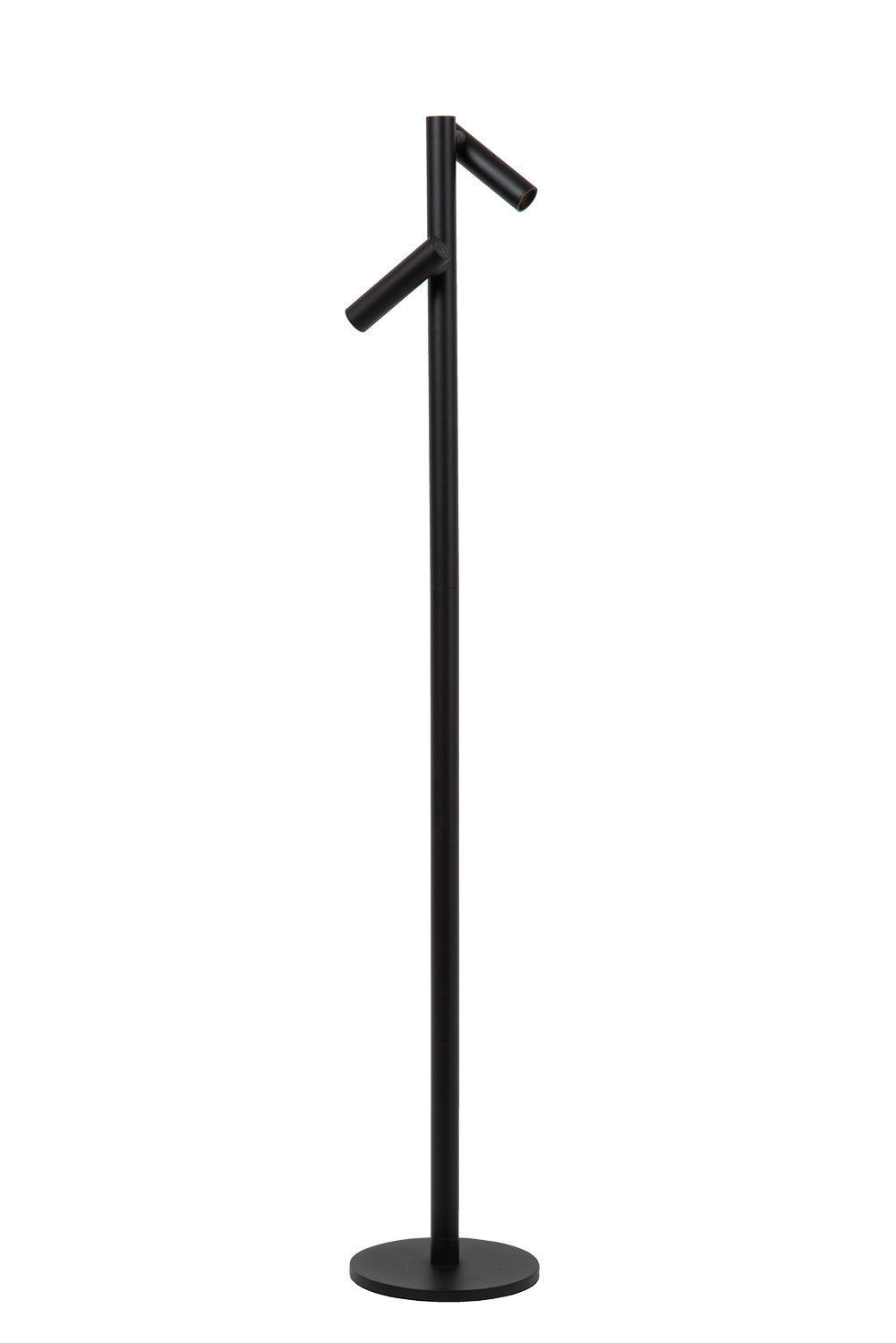 Vue de face du lampadaire noir éteint, structure fine et socle circulaire.