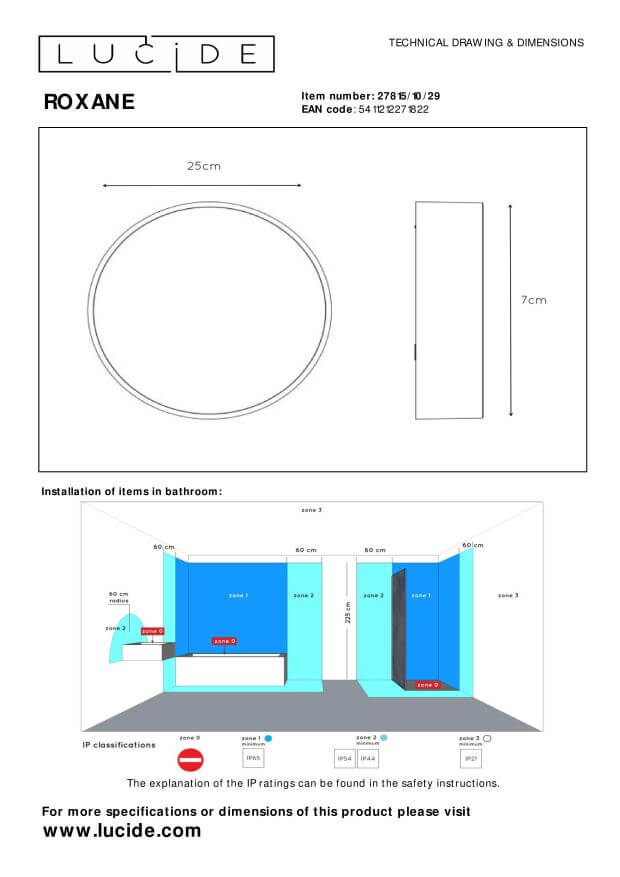 Schéma technique avec dimensions du plafonnier et repères des zones de salle de bain.
