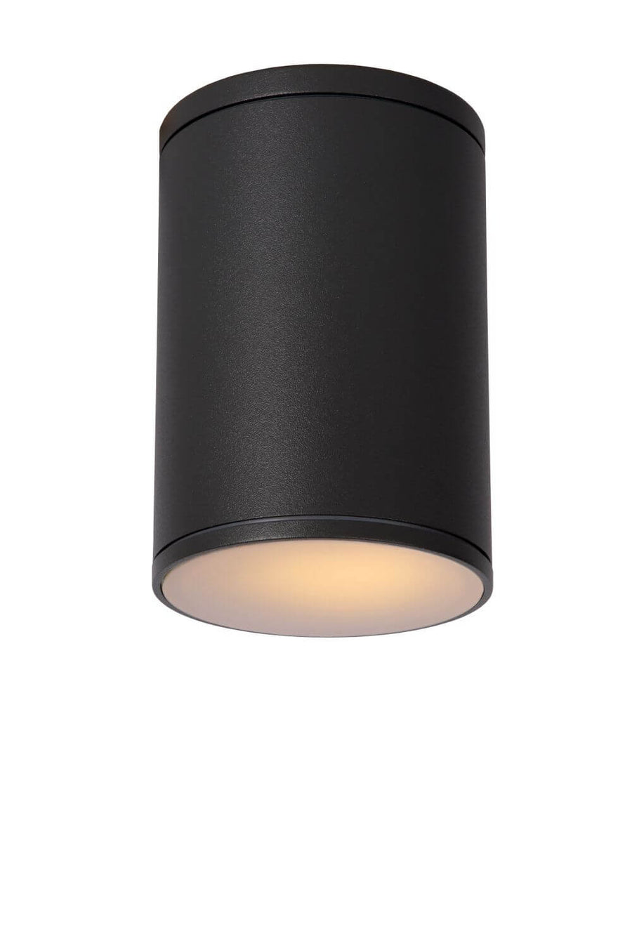 Vue de face du luminaire cylindrique anthracite sur fond blanc, diffuseur lumineux allumé.