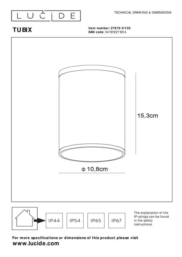 Schéma technique coté du plafonnier Tubix, indice IP44 et dimensions 15,3 cm par 10,8 cm.