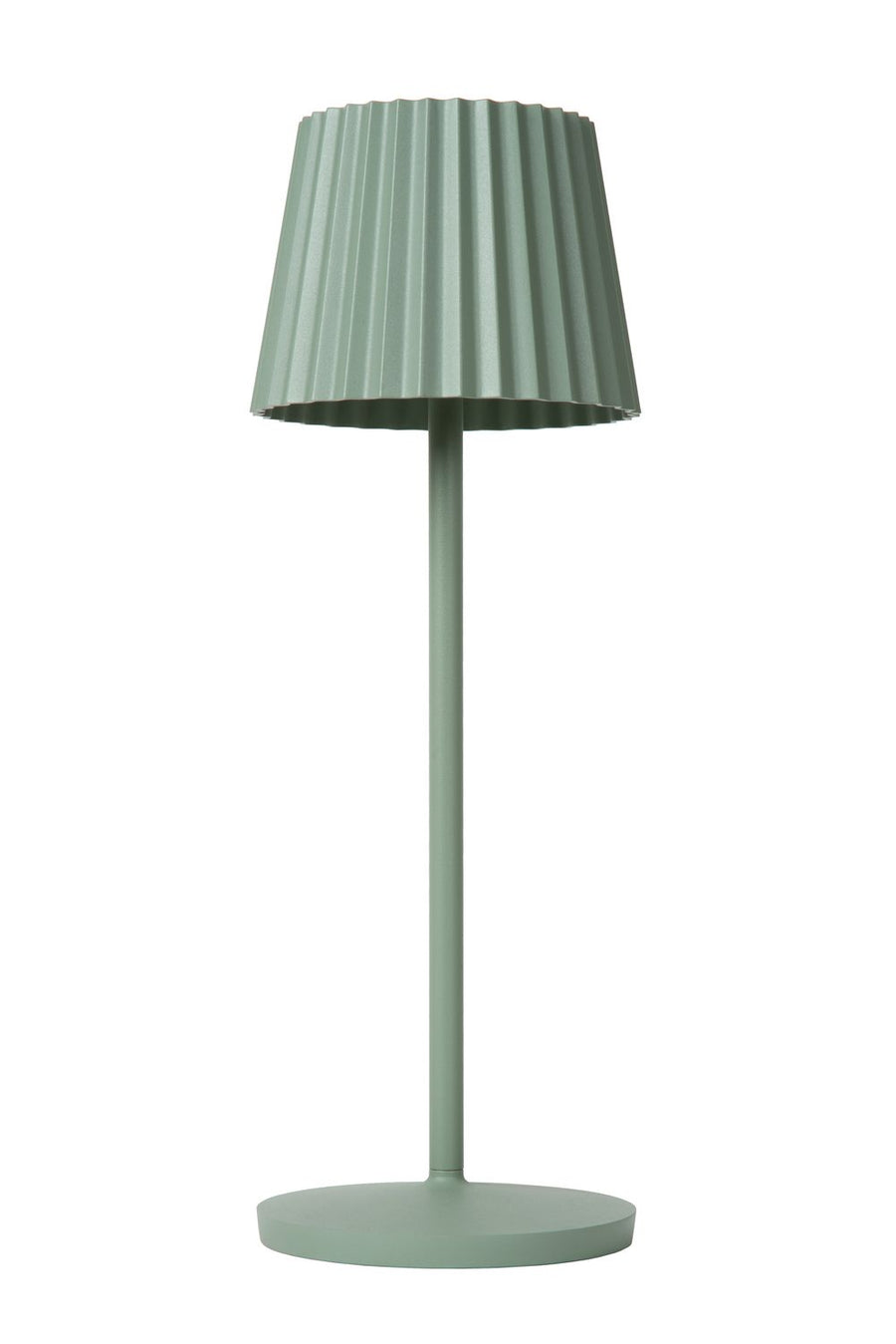 Vue de profil du luminaire éteint, pied rond et tige fine sur fond blanc