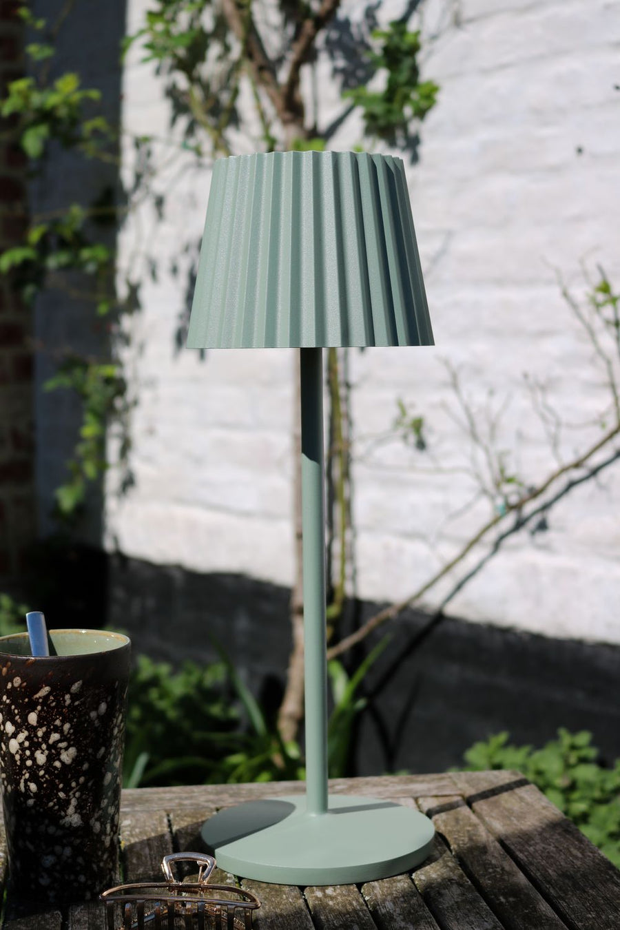 Lampe posée sur table en bois patiné, plantes et verre à boire en arrière-plan