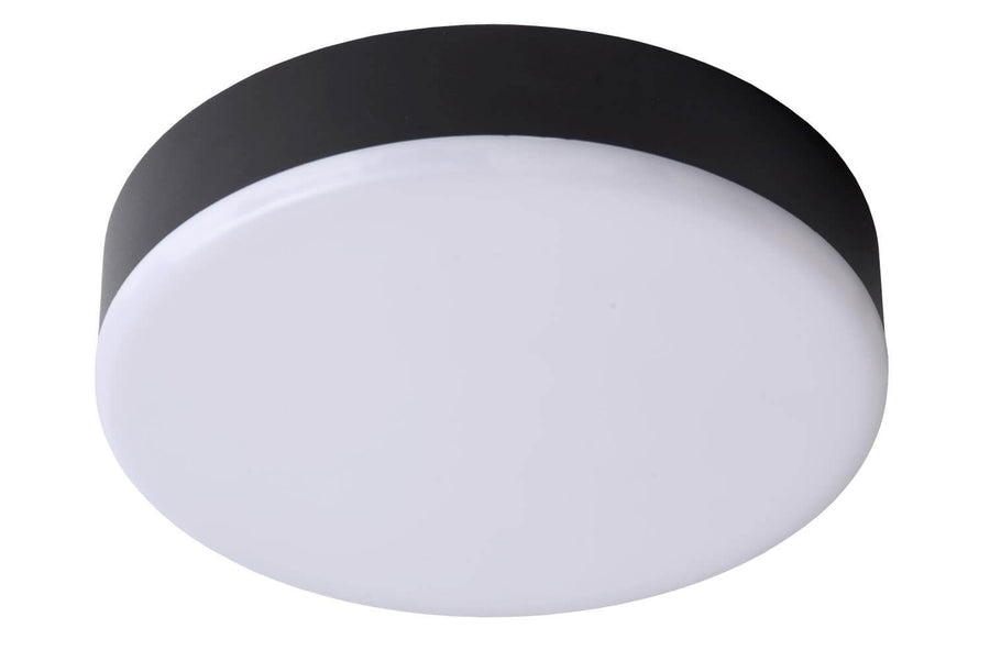 Plafonnier éteint vu de face avec diffuseur blanc et cerclage noir
