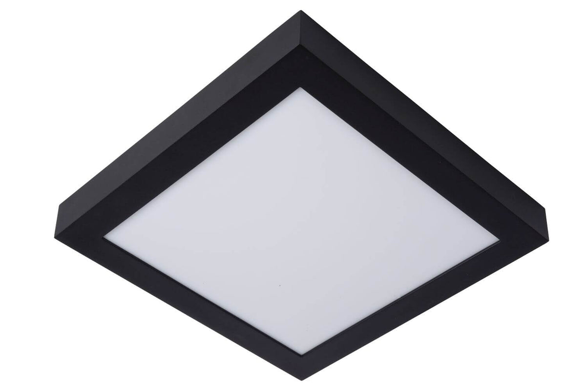 Plafonnier carré noir éteint, diffusant blanc opaque, vu de dessous