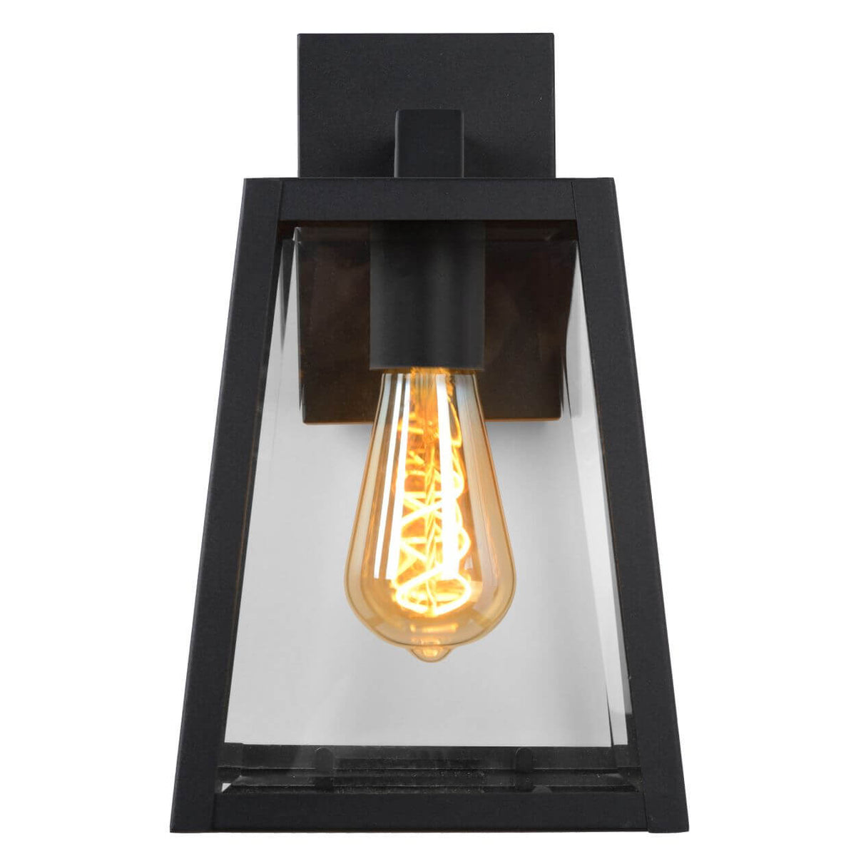 Vue de face du luminaire noir sur fond blanc, structure trapézoïdale et ampoule filament