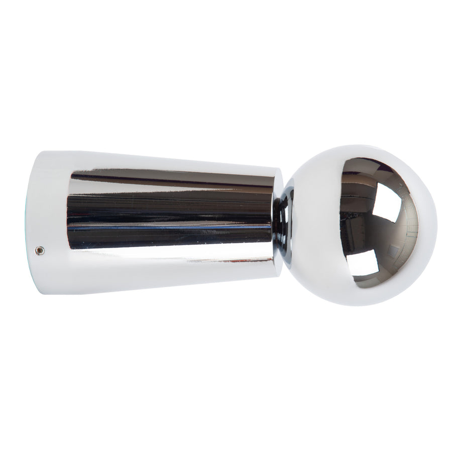 Profil de l'applique chromée, corps cylindrique et tête sphérique orientable sur fond blanc.