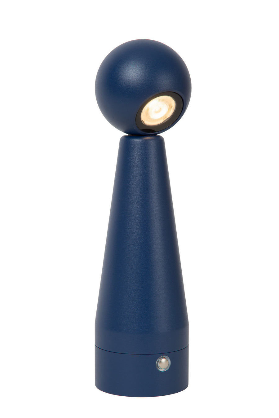 Lampe bleue de face sur fond blanc, tête sphérique éclairée et base conique.