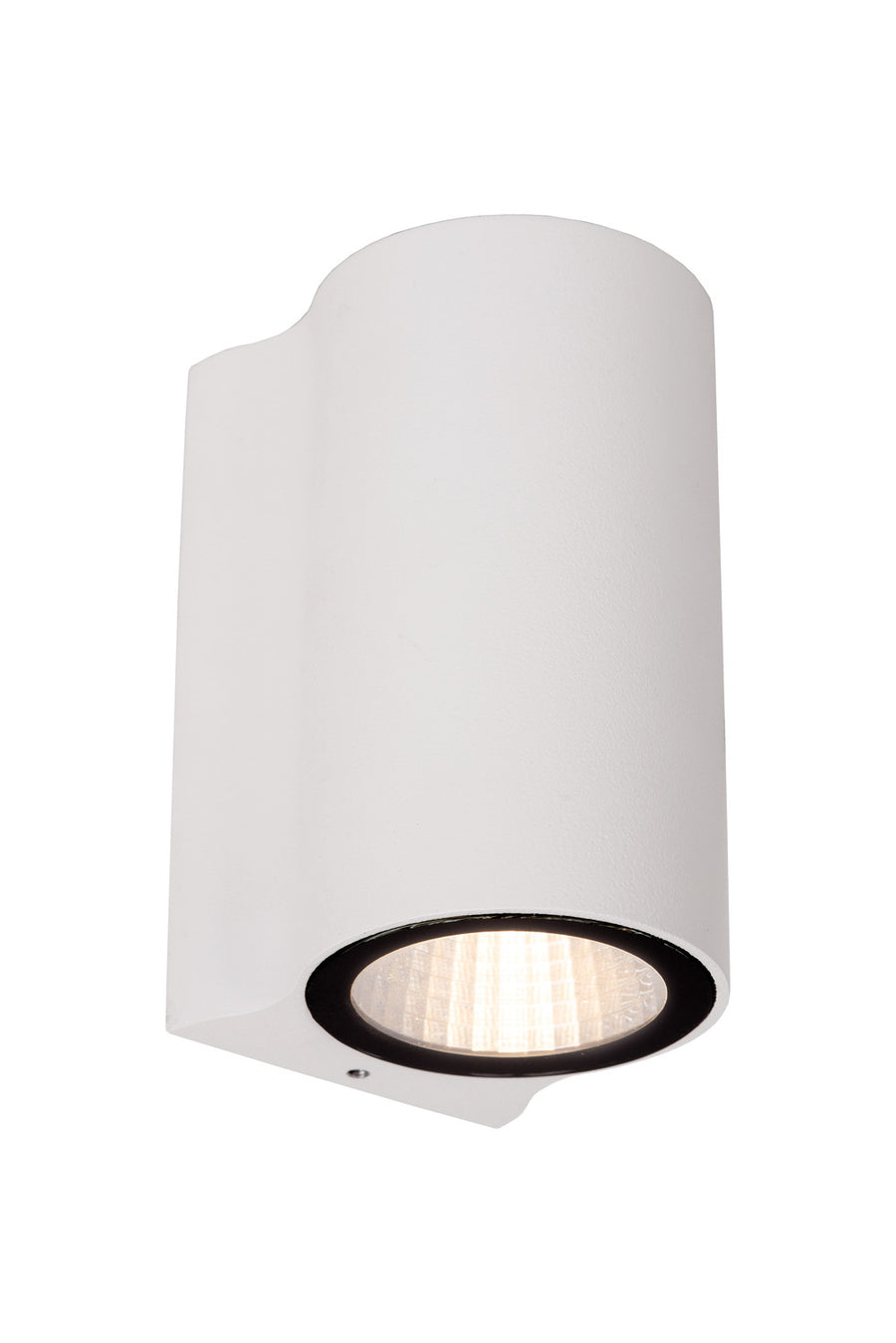 Applique extérieure blanche vue de côté, corps cylindrique et diffuseur en verre en bas.