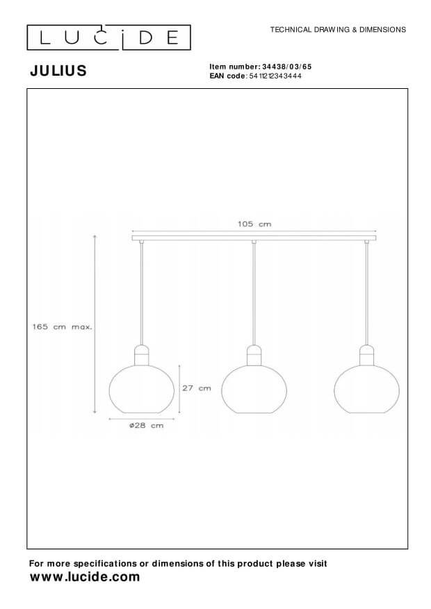 Schéma technique coté : largeur 105 cm, hauteur maximale 165 cm, diamètre 28 cm.