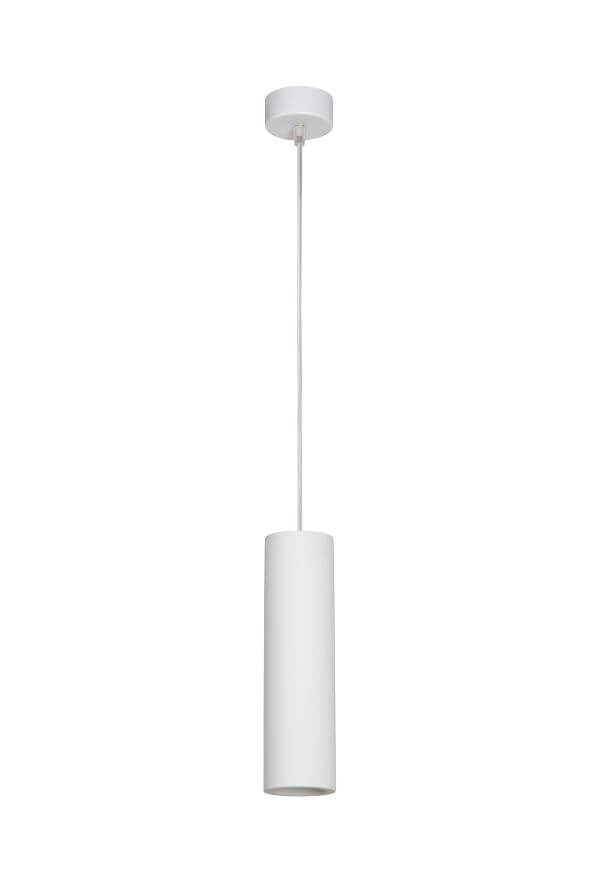 Vue de profil d'une suspension blanche à abat-jour cylindrique et câble réglable.