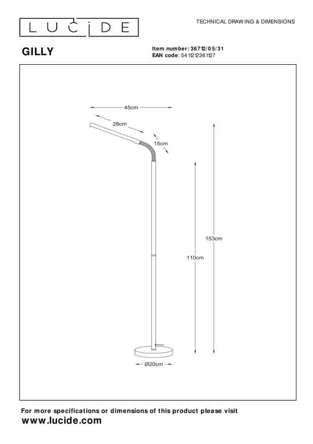 Schéma technique coté du lampadaire blanc, avec dimensions et repères