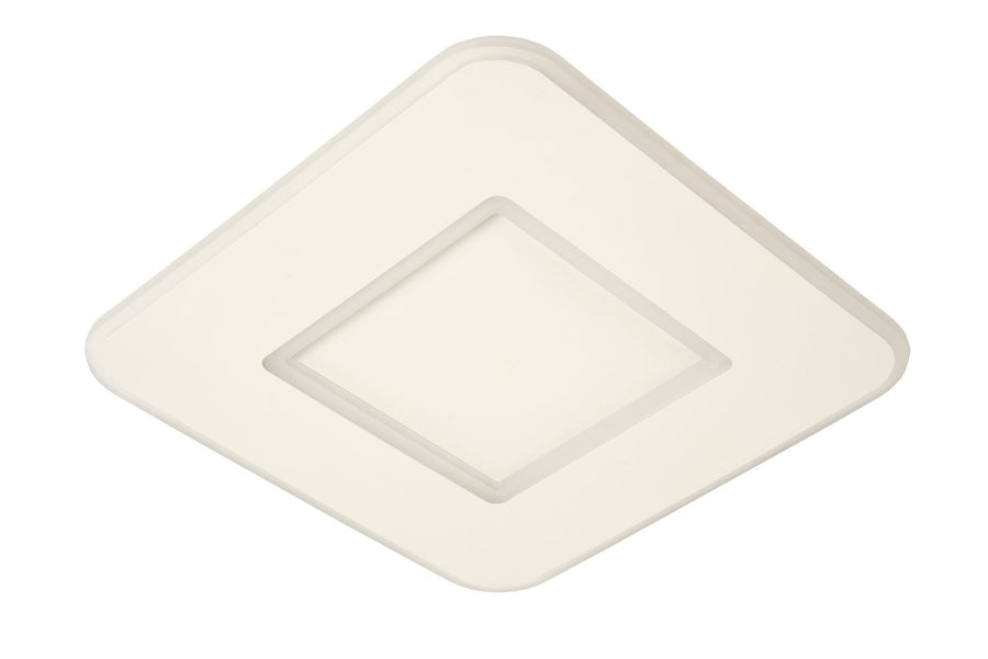Vue de dessous du plafonnier éteint, diffuseur blanc translucide et double carré