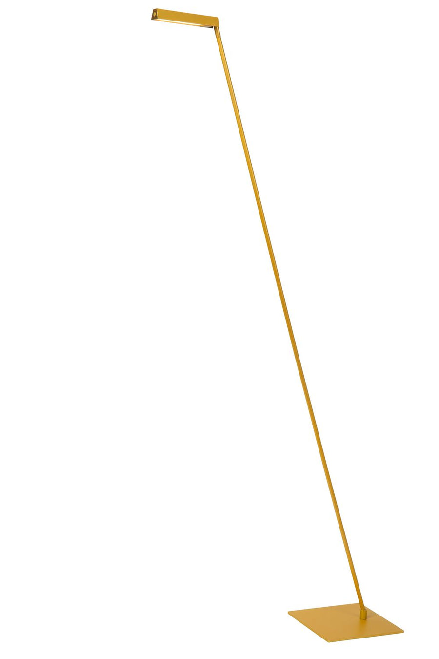 Vue de profil du lampadaire jaune, tige inclinée rejoignant la base plate