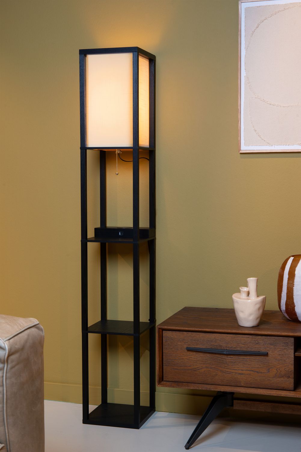 Lampadaire Menno noir et beige, coton, H 162,7 cm