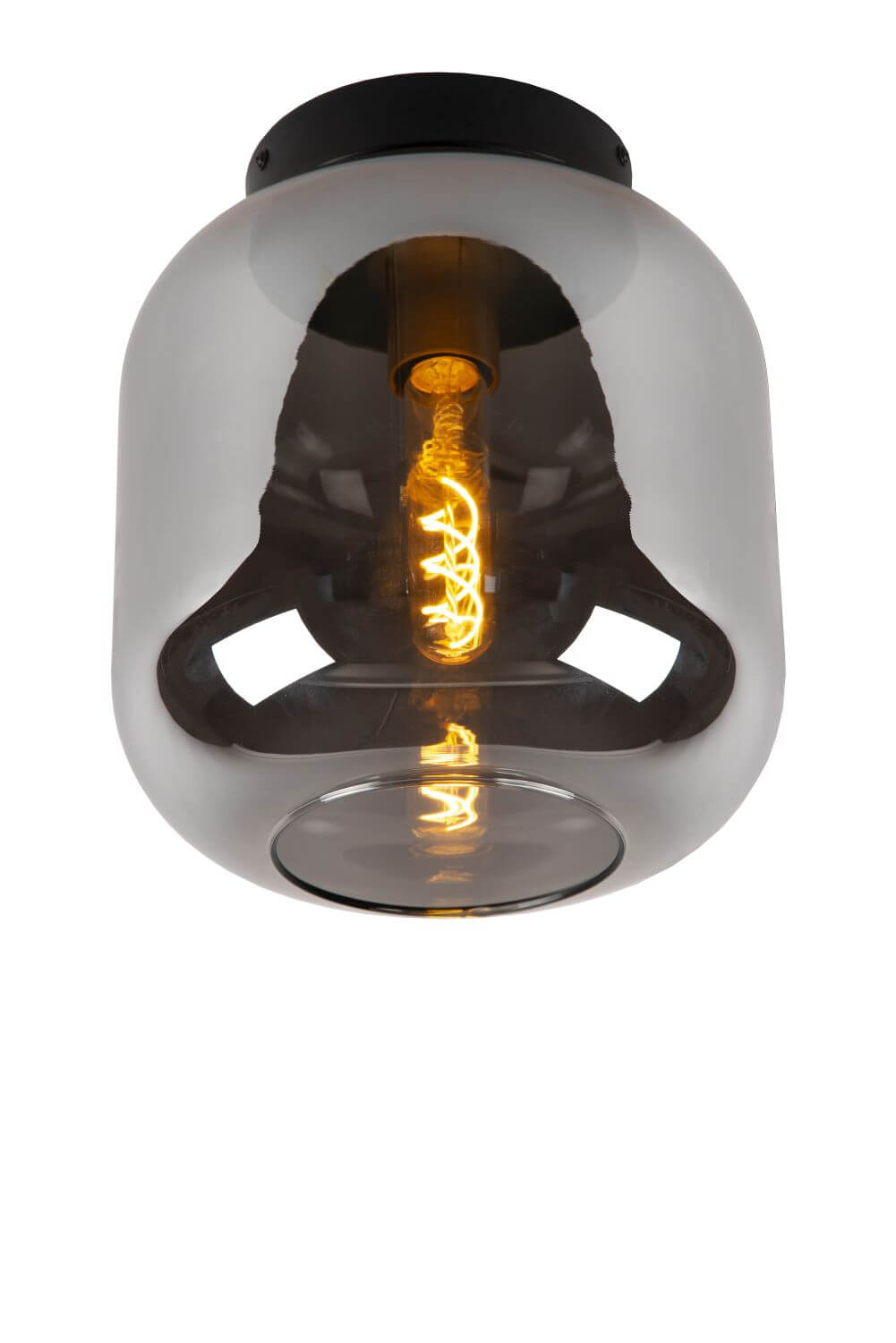 Plafonnier en verre fumé de face sur fond blanc, ampoule filament visible.