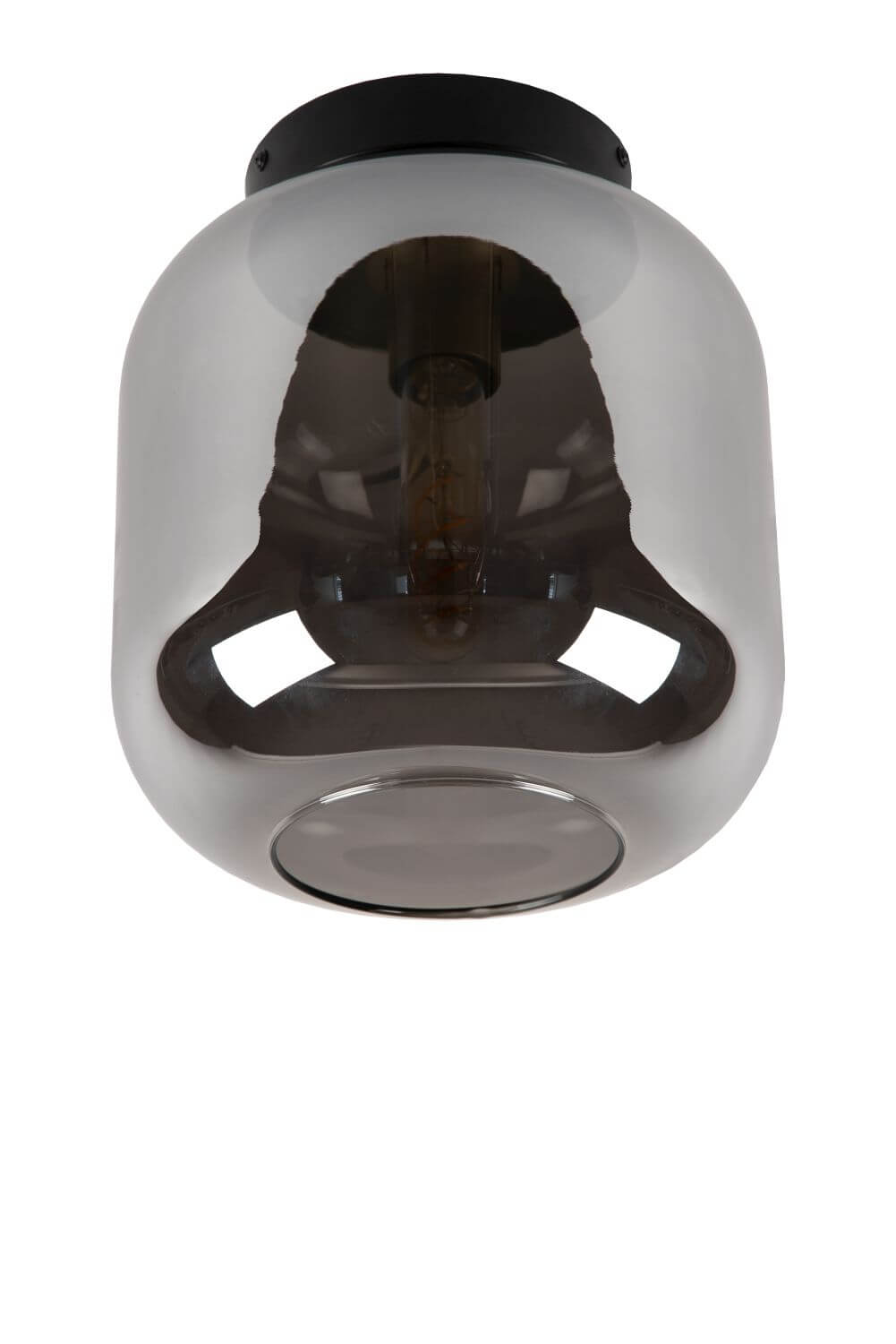 Plafonnier en verre fumé éteint, douille et structure interne visibles.