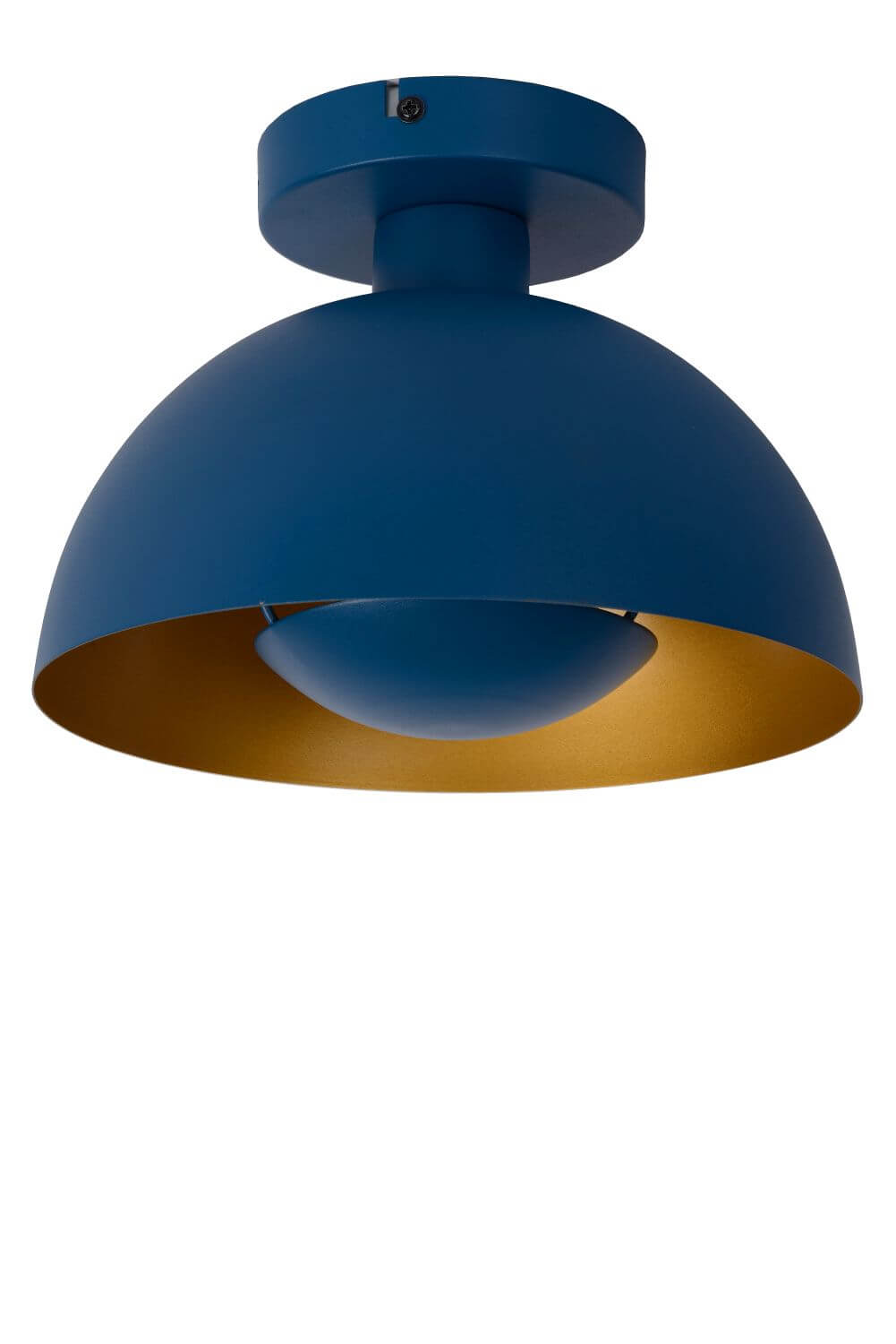 Détail du dessous du luminaire bleu, abat-jour interne et douille visible