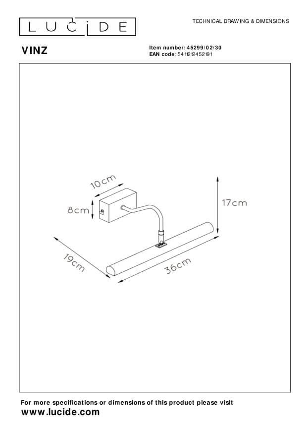 Schéma technique coté avec dimensions du support, du bras et du tube
