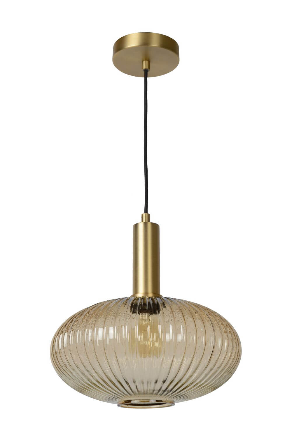 Plan large du luminaire suspendu avec câble noir et rosace dorée.