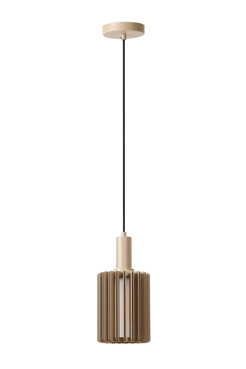 Luminaire éteint vu de face, abat-jour cylindrique beige à lamelles verticales