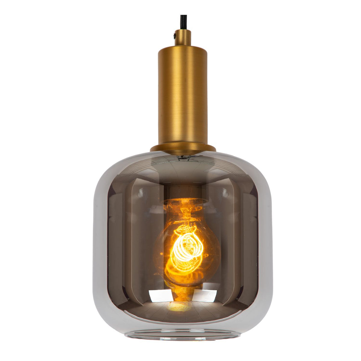 Gros plan sur l'ampoule allumée à l'intérieur du verre fumé de la suspension.