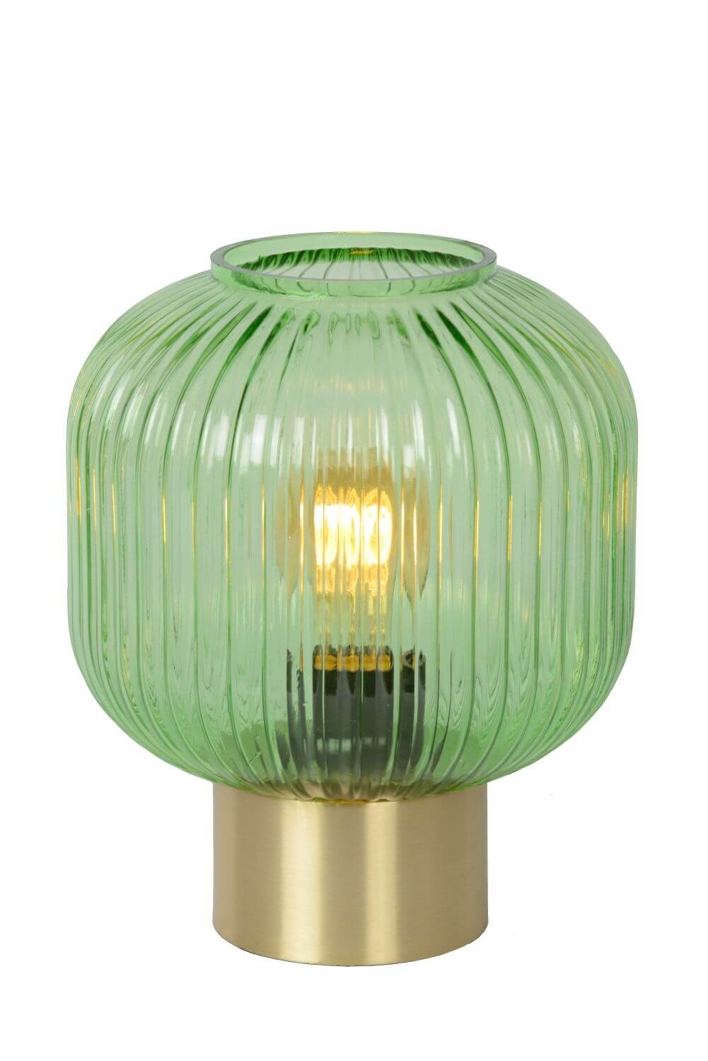 Vue de face sur fond blanc, ampoule allumée visible à travers le verre vert transparent