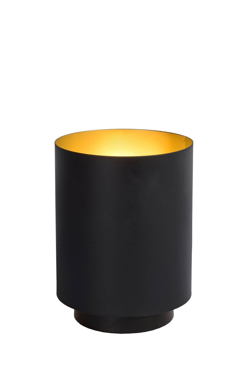 Vue de face de la lampe cylindrique noire mate, intérieur doré et base sombre.