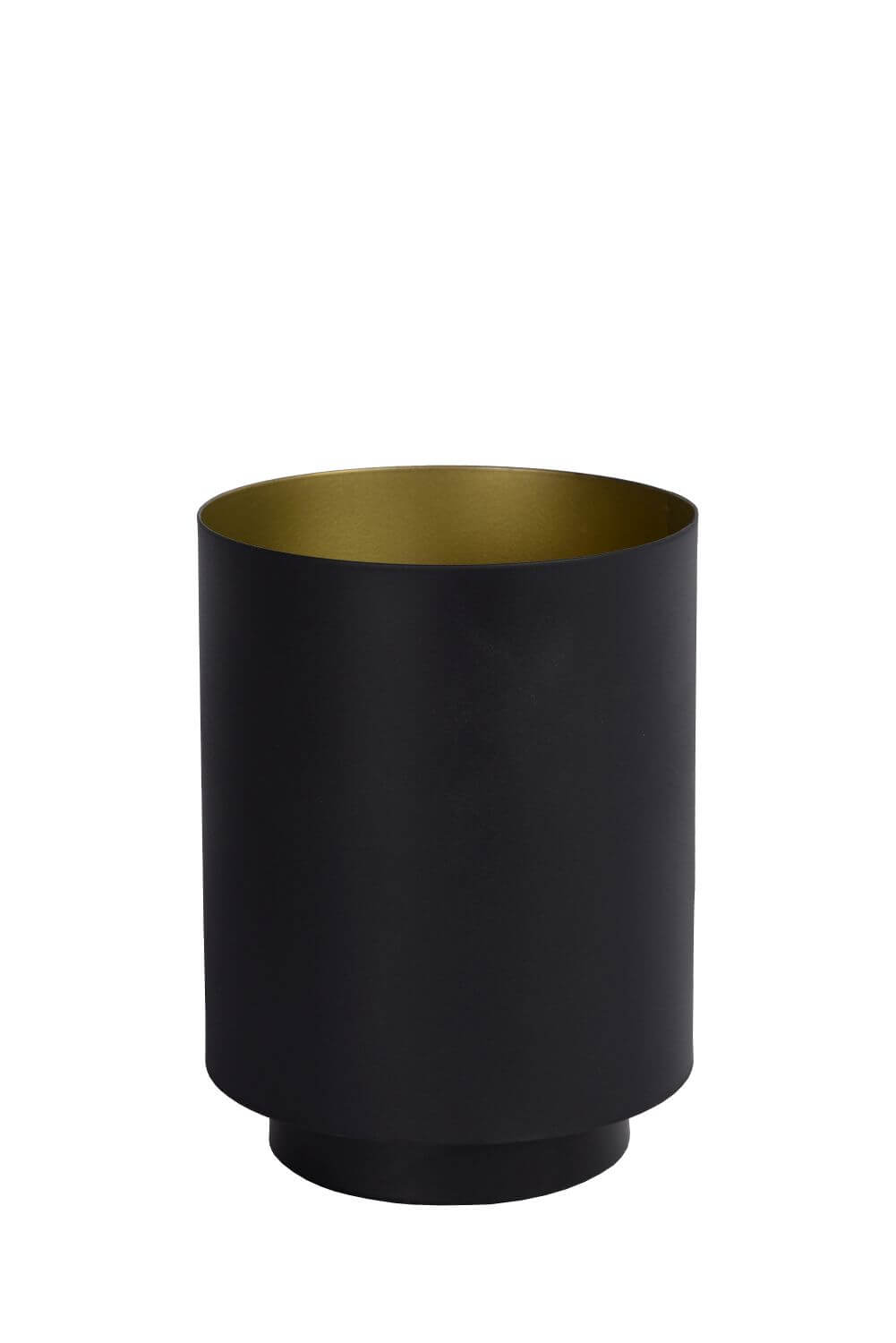 Vue en légère plongée de la lampe cylindrique noire, révélant l'intérieur doré et la base.