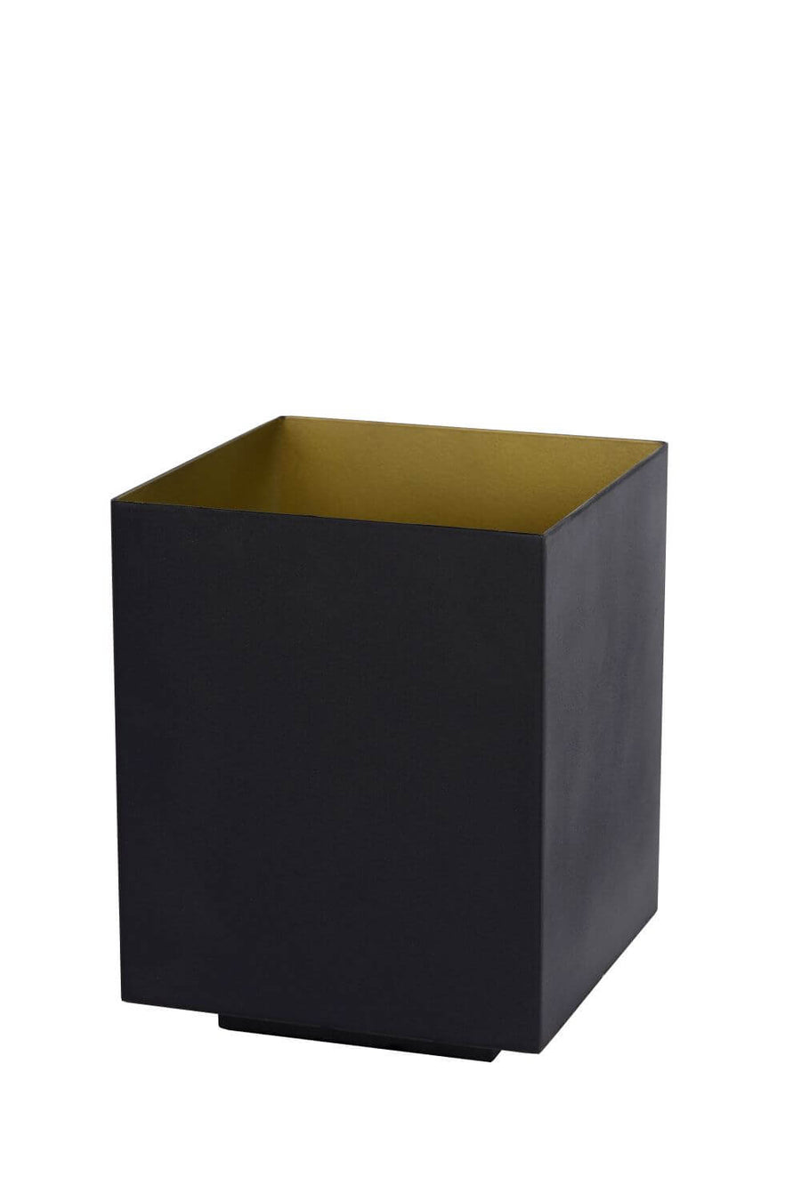 Autre vue du produit sur fond blanc, montrant lampe cube noire et dorée.