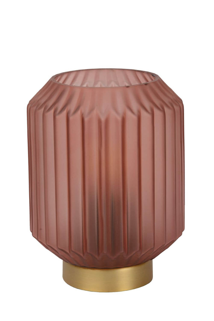 Vue de face du luminaire éteint sur fond blanc, verre rose et base dorée.