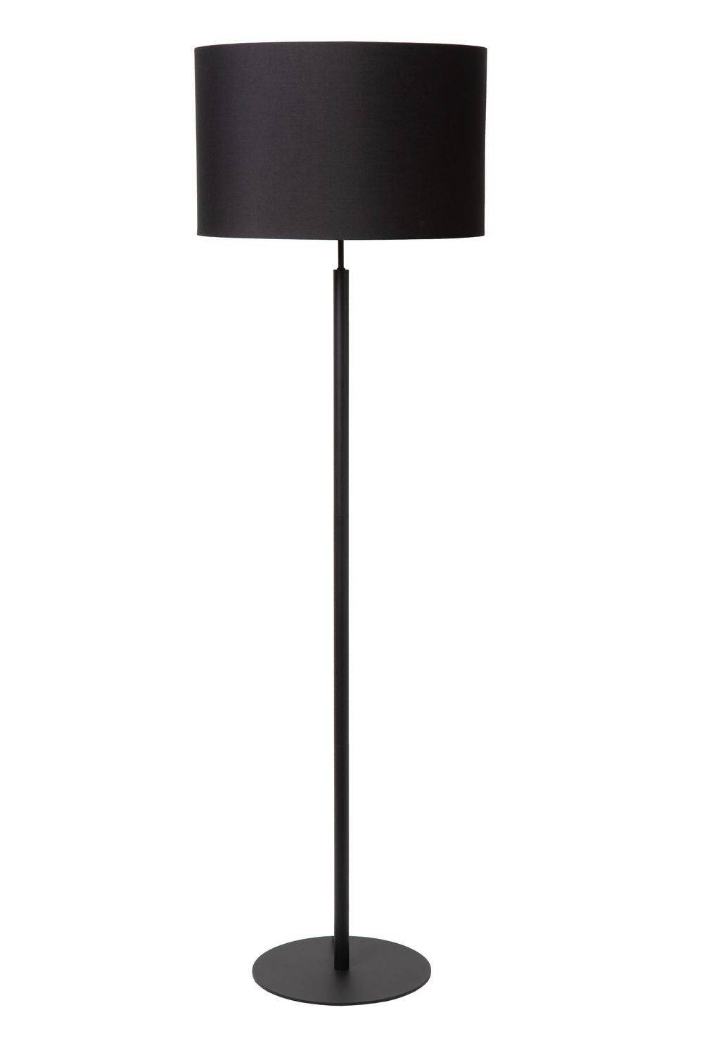 Lampadaire entier avec abat-jour noir mat et base ronde plate, fond neutre