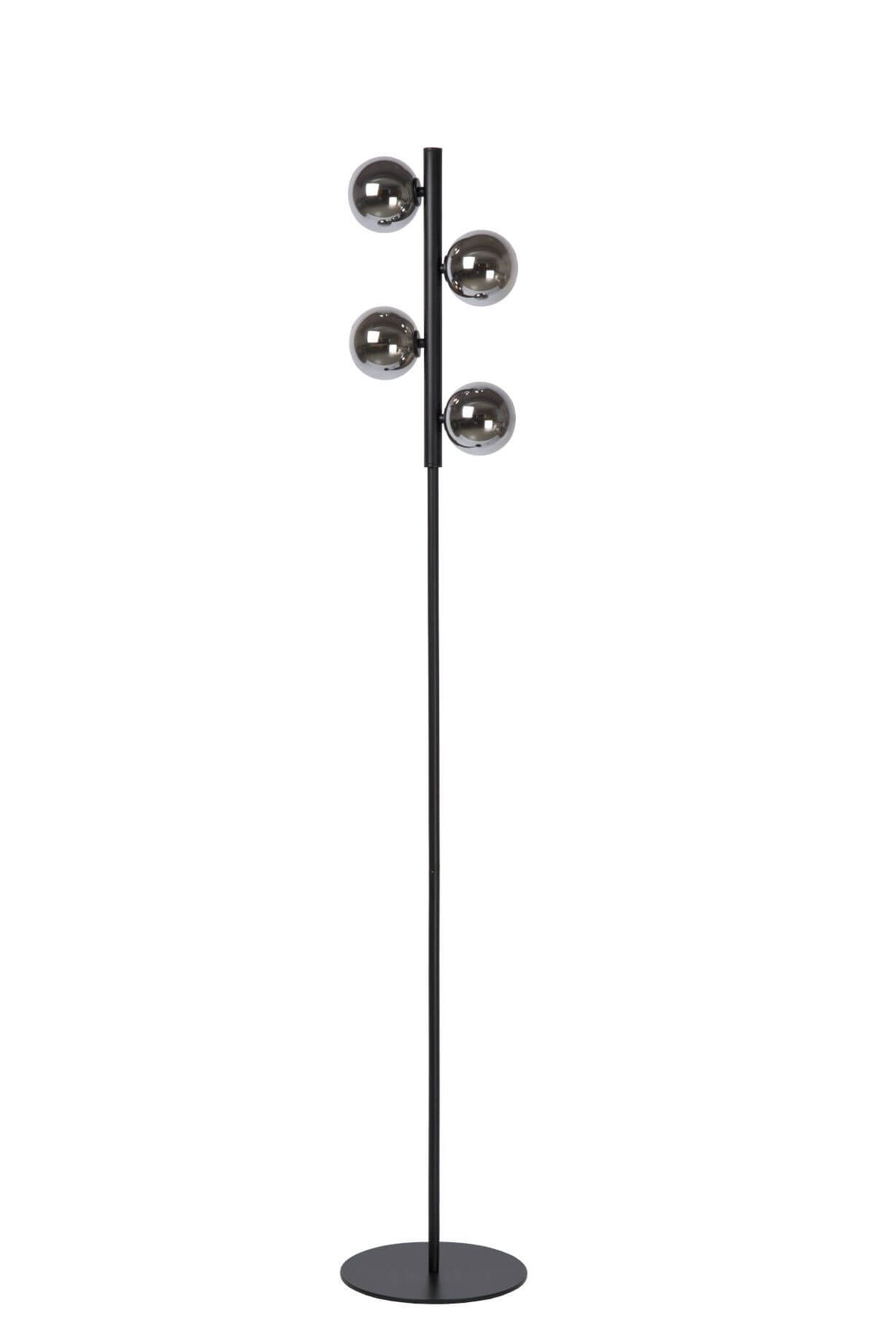 Vue de face du lampadaire noir, quatre diffuseurs sphériques en verre fumé sur tige verticale.