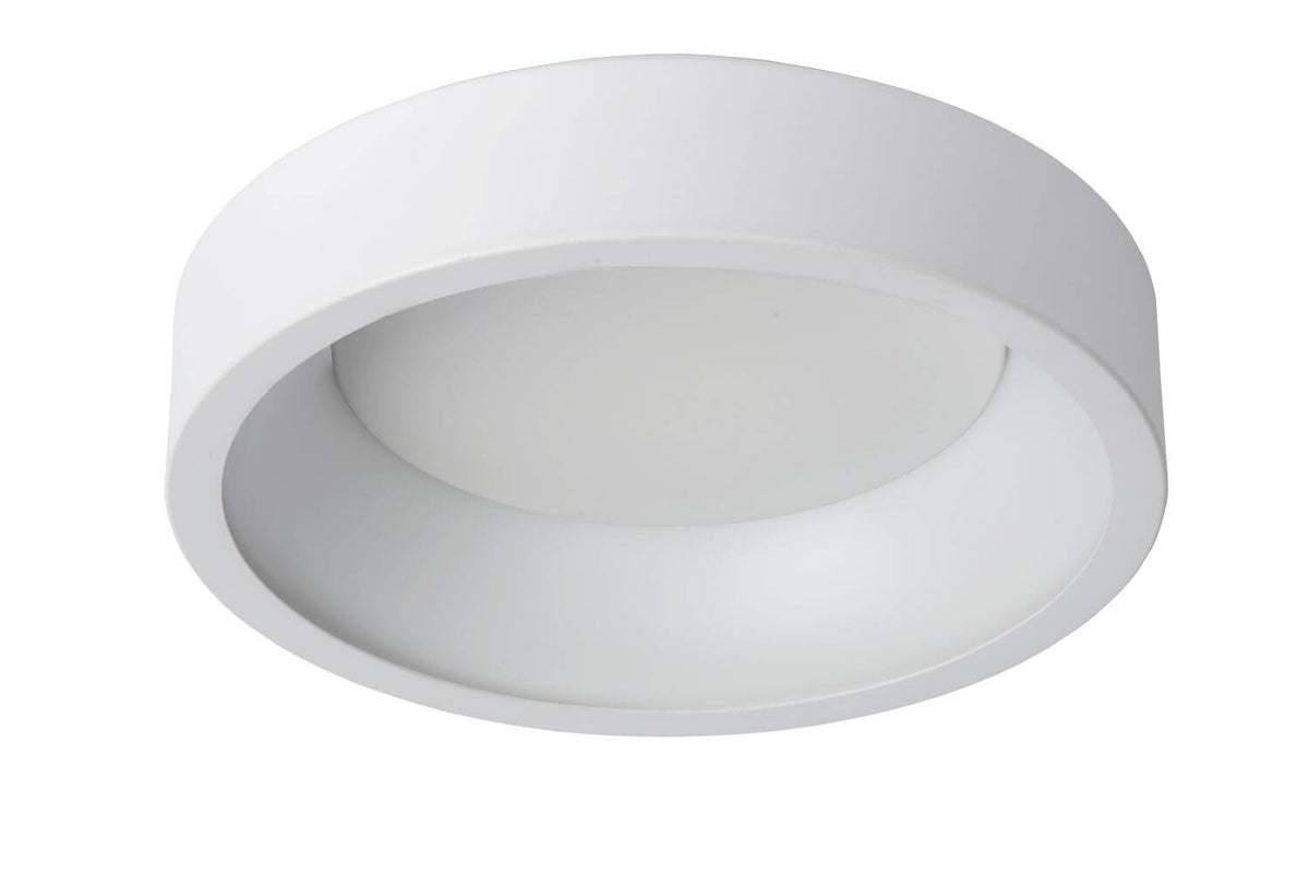 Plafonnier blanc vu de dessous, éteint, structure cylindrique basse et plate