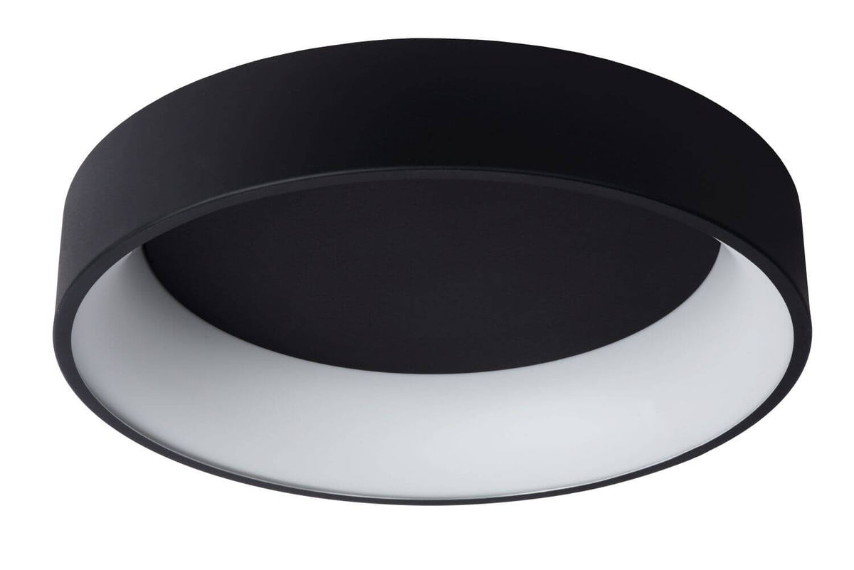 Plafonnier noir éteint, diffuseur blanc opaque, présenté sur fond blanc