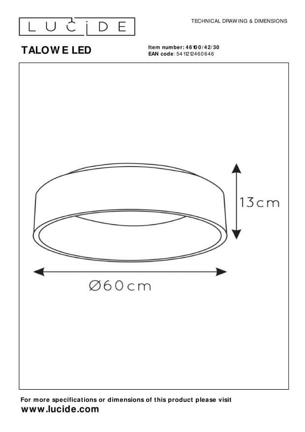 Schéma technique coté du plafonnier avec diamètre 60 cm et hauteur 13 cm