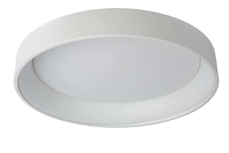 Plafonnier présenté éteint, vu de dessous, montrant l'anneau blanc et le diffuseur opaque