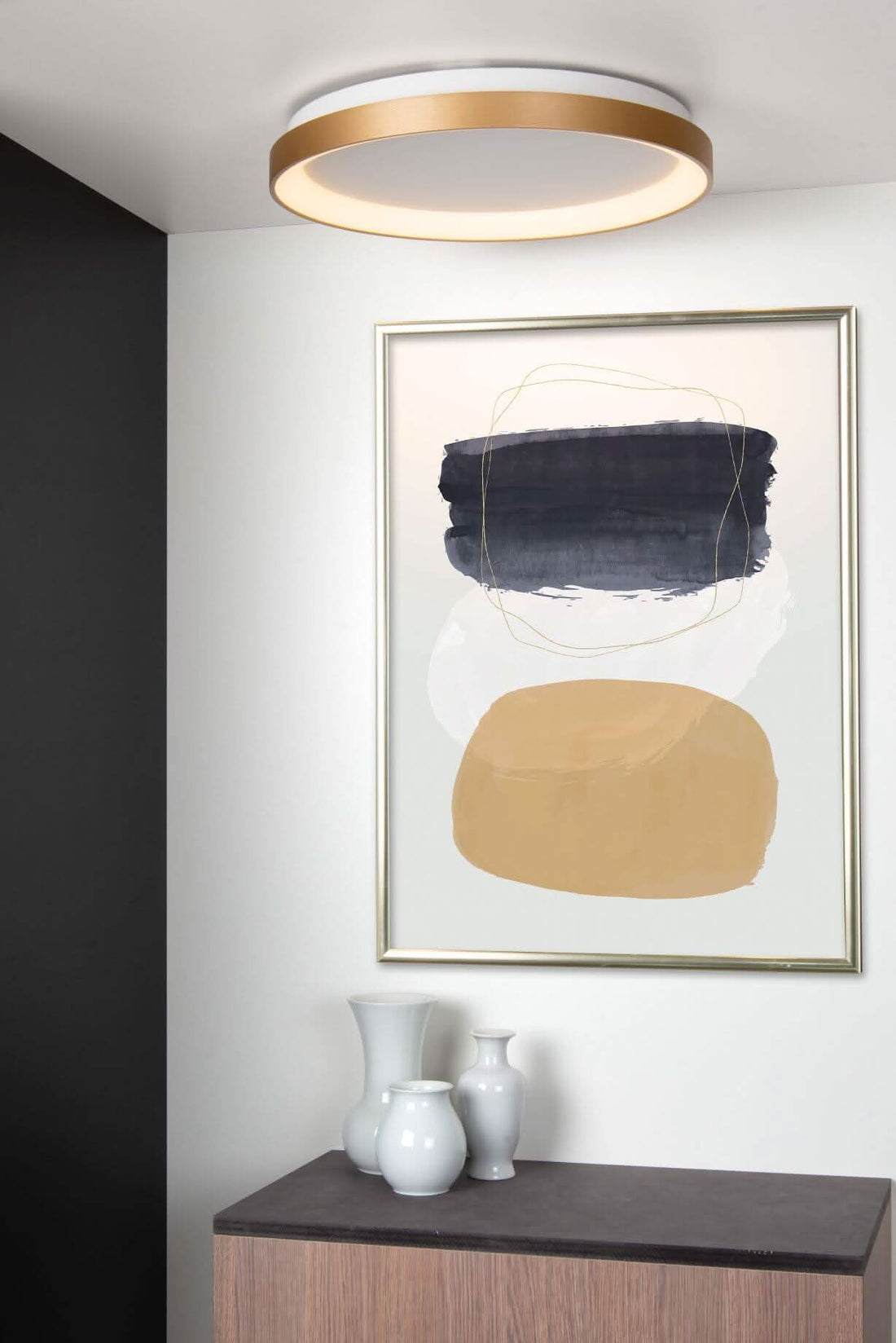 Plafonnier Vidal doré mat et opale, Ø 48 cm