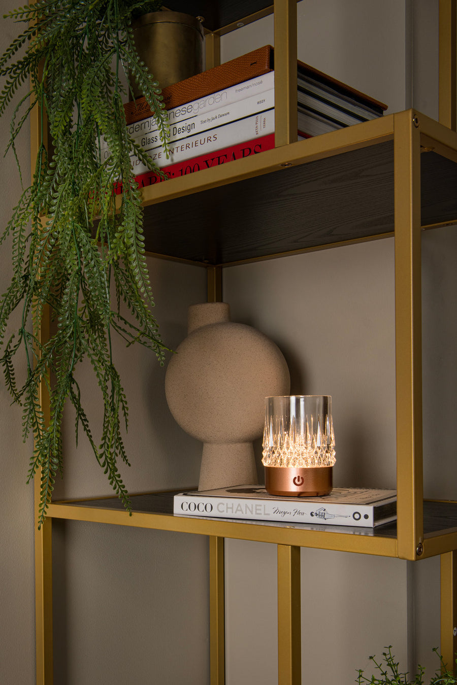 Vue rapprochée lampe à poser cuivrée allumée sur étagère, livres et verdure.