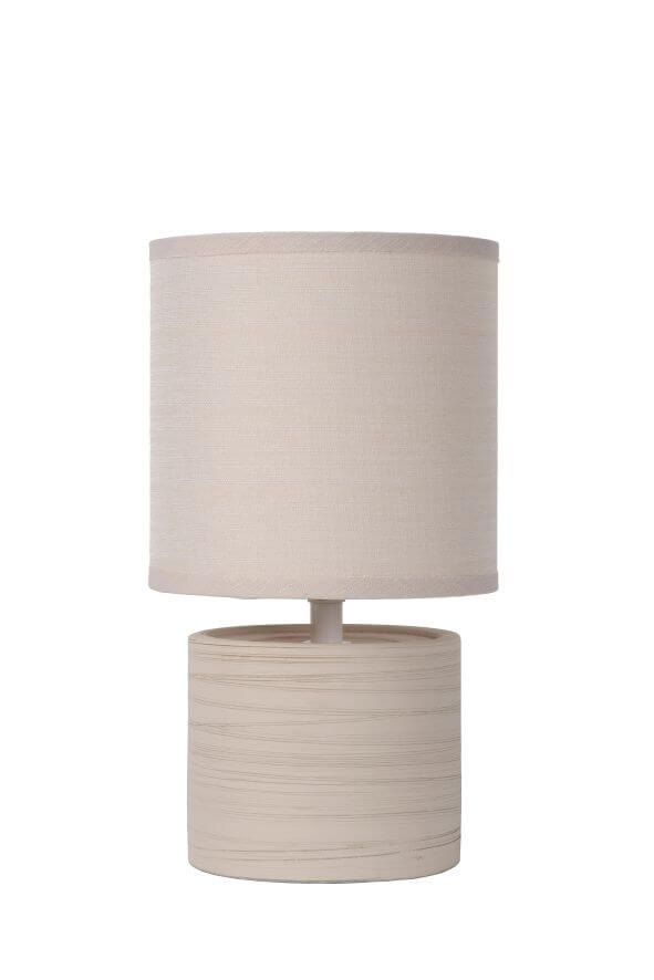 Lampe à poser éteinte vue de face, abat-jour beige et socle cylindrique texturé.