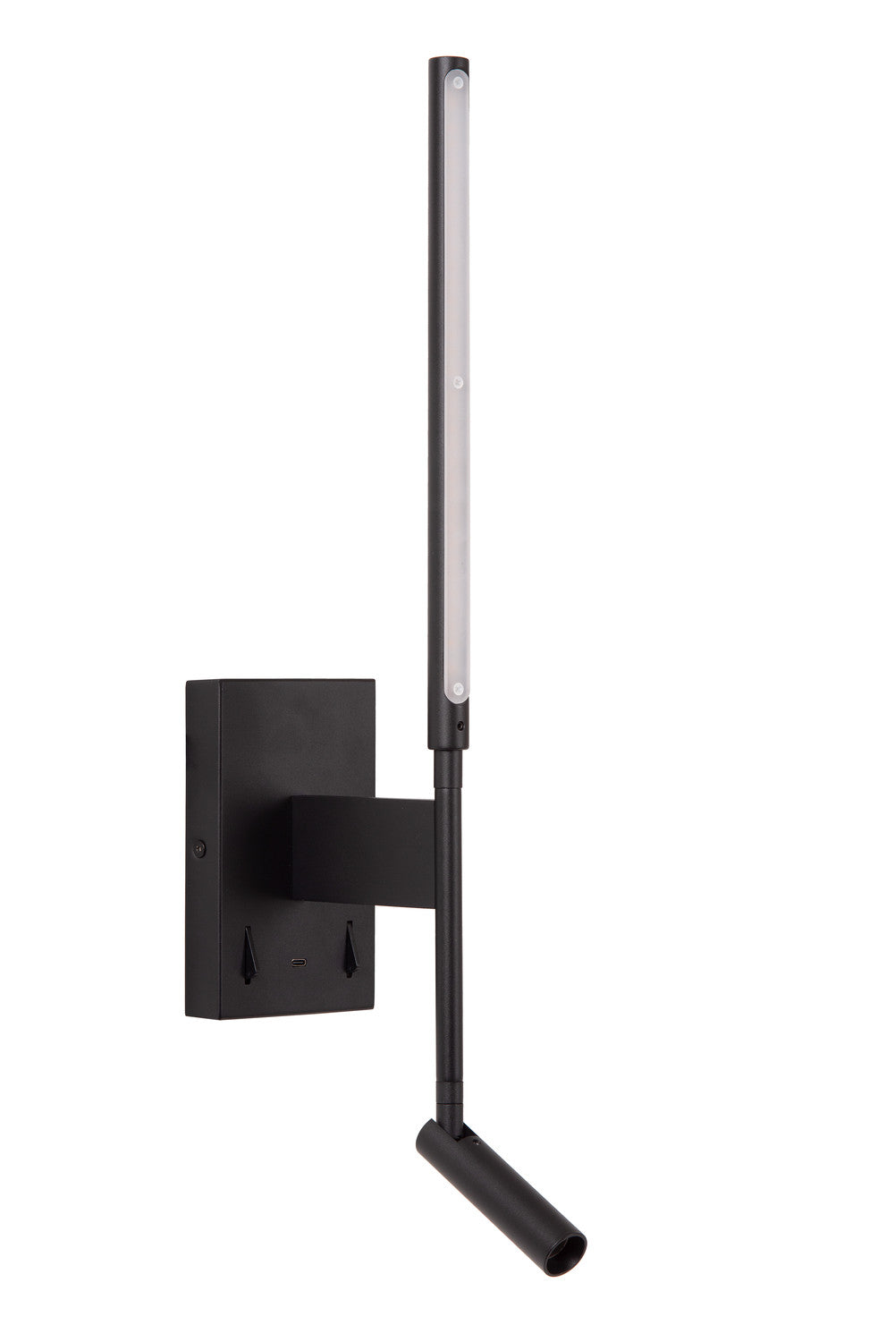 Profil de l'applique murale noire, long tube LED allumé et petit spot réglable vers le sol.