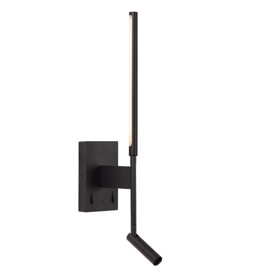 Vue détaillée du corps noir mat, tube vertical sans éclairage et projecteur cylindrique incliné.