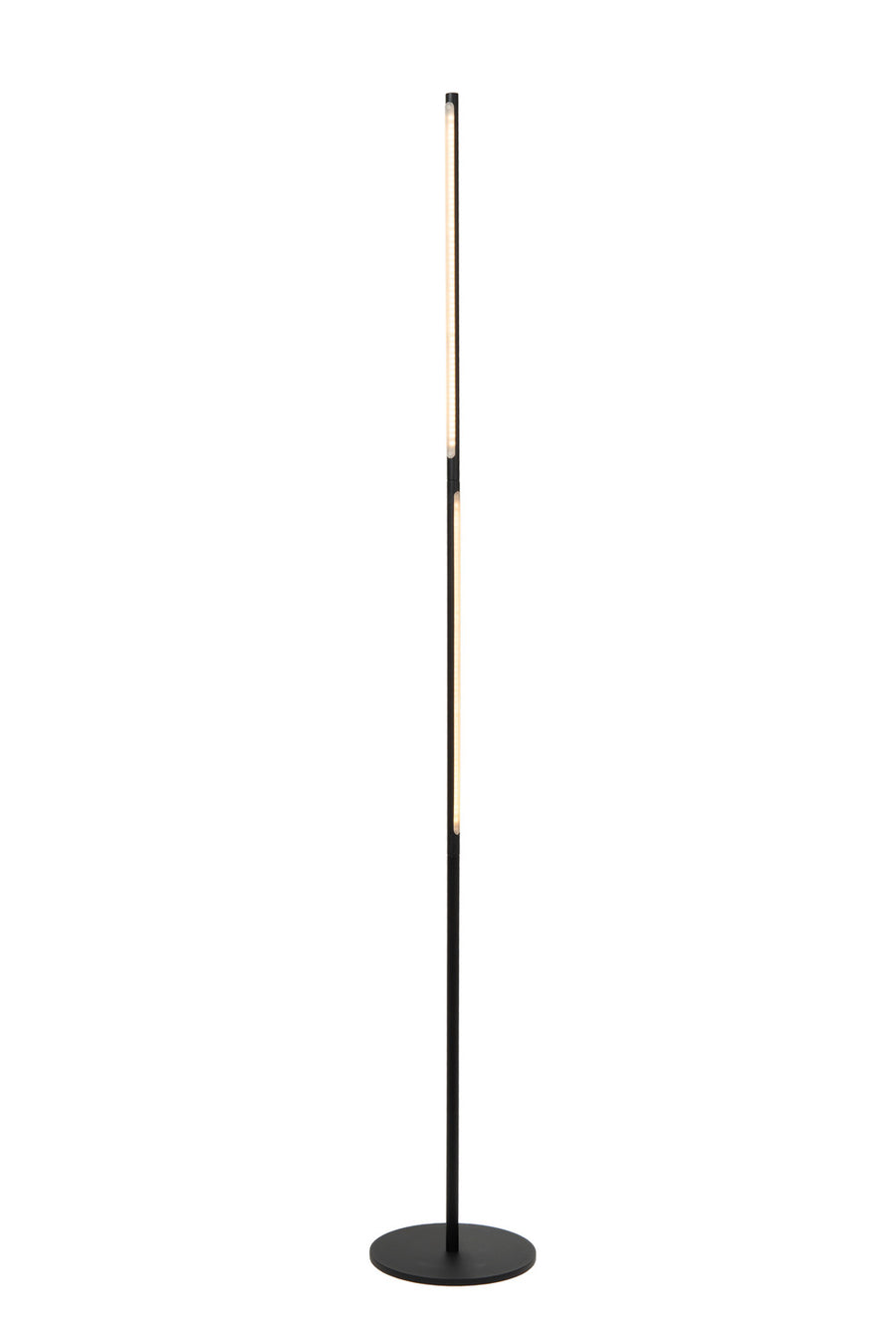 Vue de trois quarts du lampadaire allumé, montrant le tube lumineux et sa base.