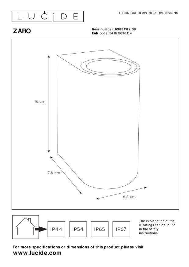 Schéma technique côté de l'applique avec hauteur, largeur et indices de protection IP