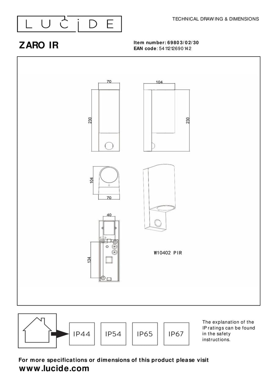 Schéma technique coté de l'applique avec dimensions et indice de protection.