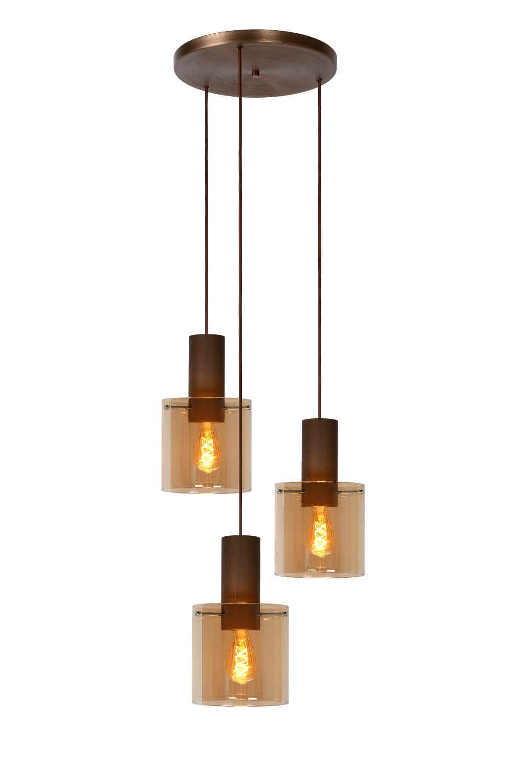 Produit de face sur fond blanc : trois suspensions cylindriques en verre ambré et cuivre.